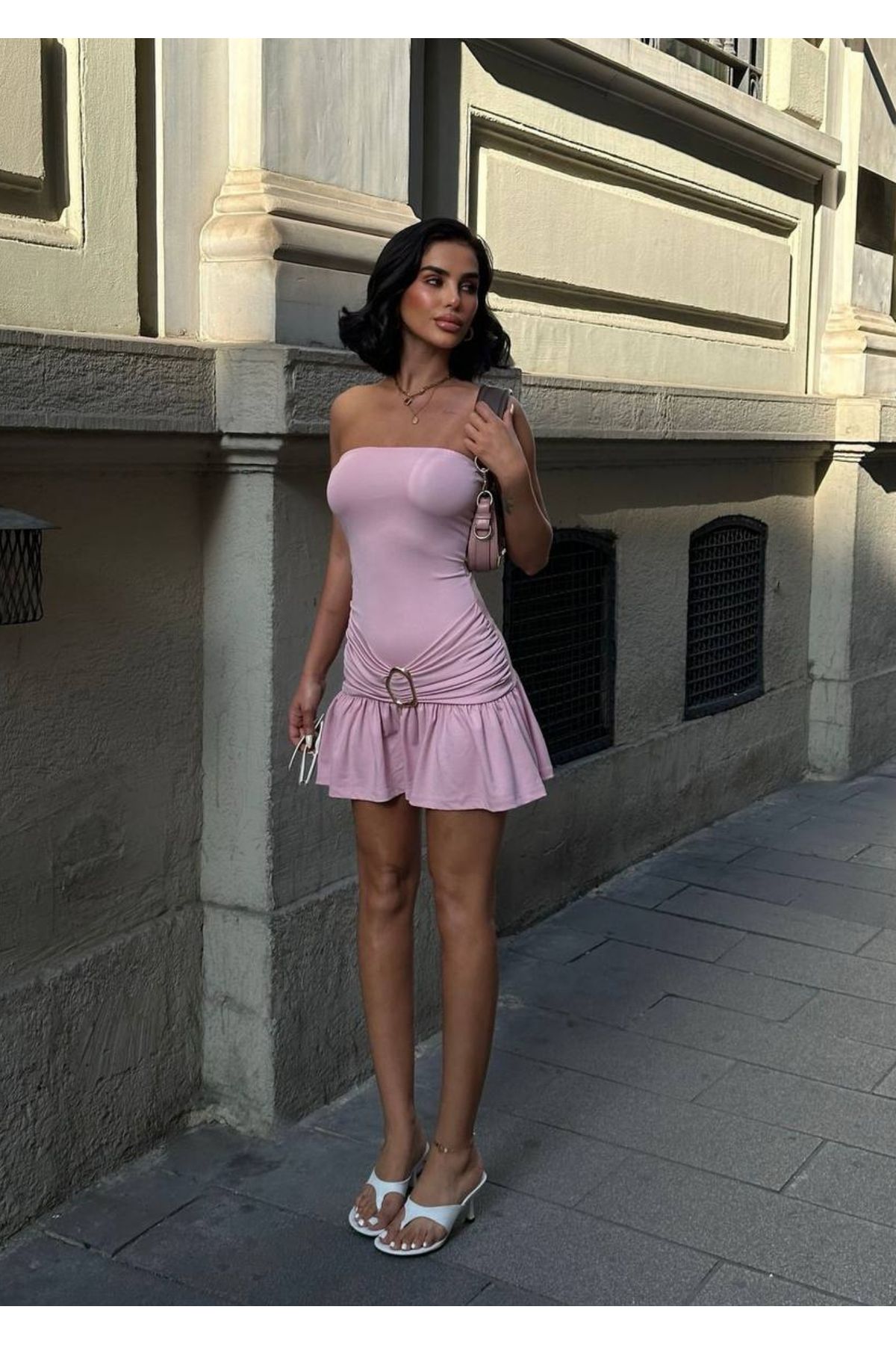 Love Fab Straplez Model Büzgülü Tokalı Mini Elbise