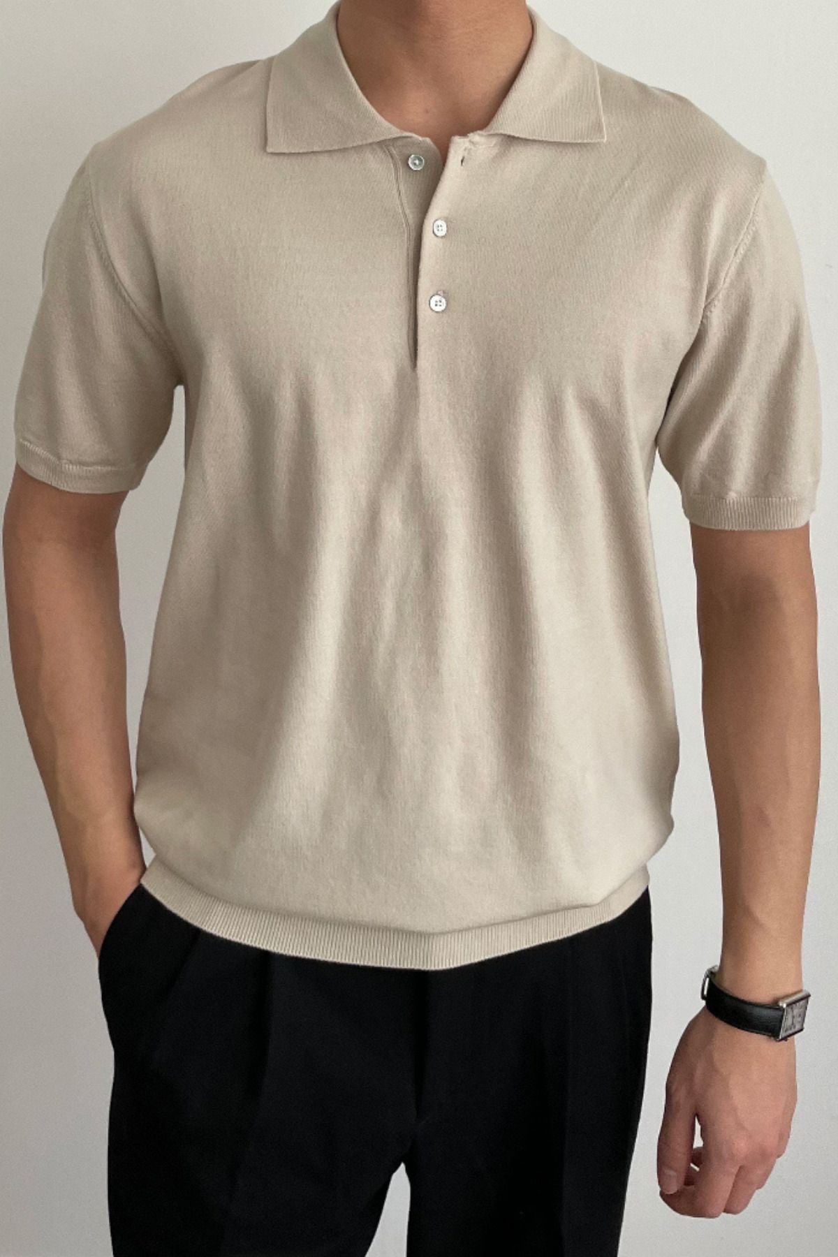Tarz Cool Erkek Bej Düğmeli Regular Fit Triko T-Shirt