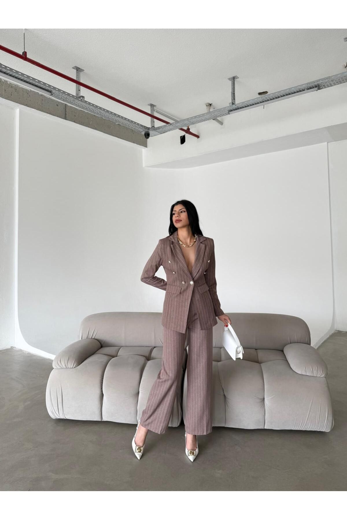 Female Clothing Taba Çizgili Düğmeli Blazer Ceket Palazzo Pantolon Takım Elbise