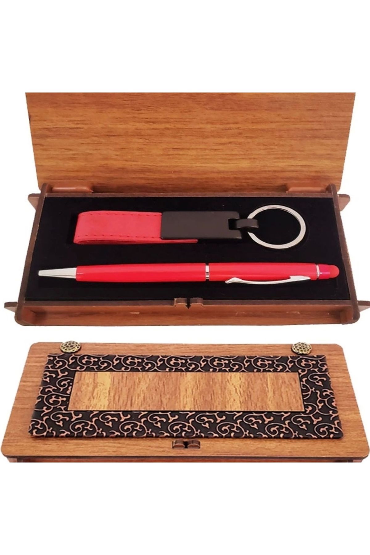 Generic Ahşap Kutulu Kırmızı Kalem Ve Anahtarlık Set