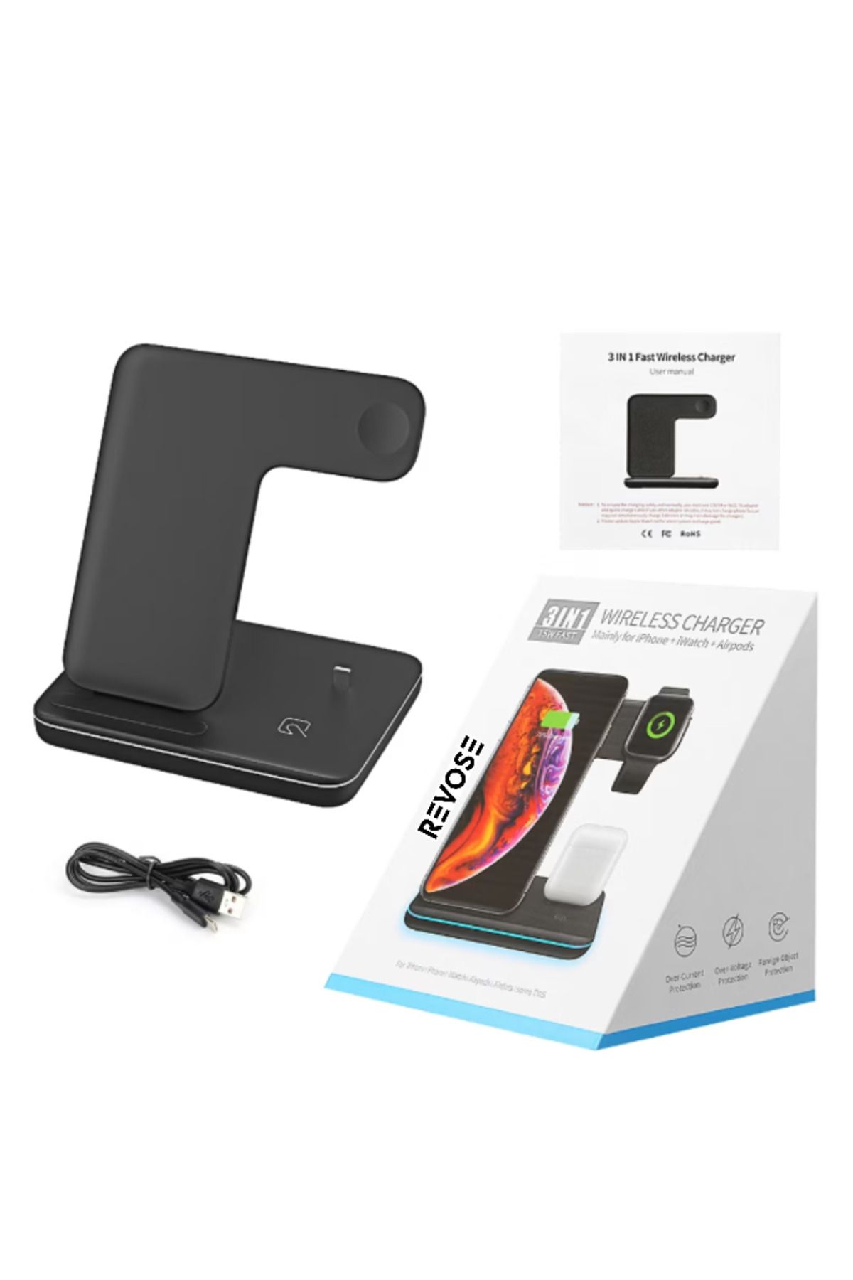 REVOSE-Incarcator Wireless ™, Statie Incarcare 3 In 1 Qi Fast Charger 15w Incarcare Rapida 10