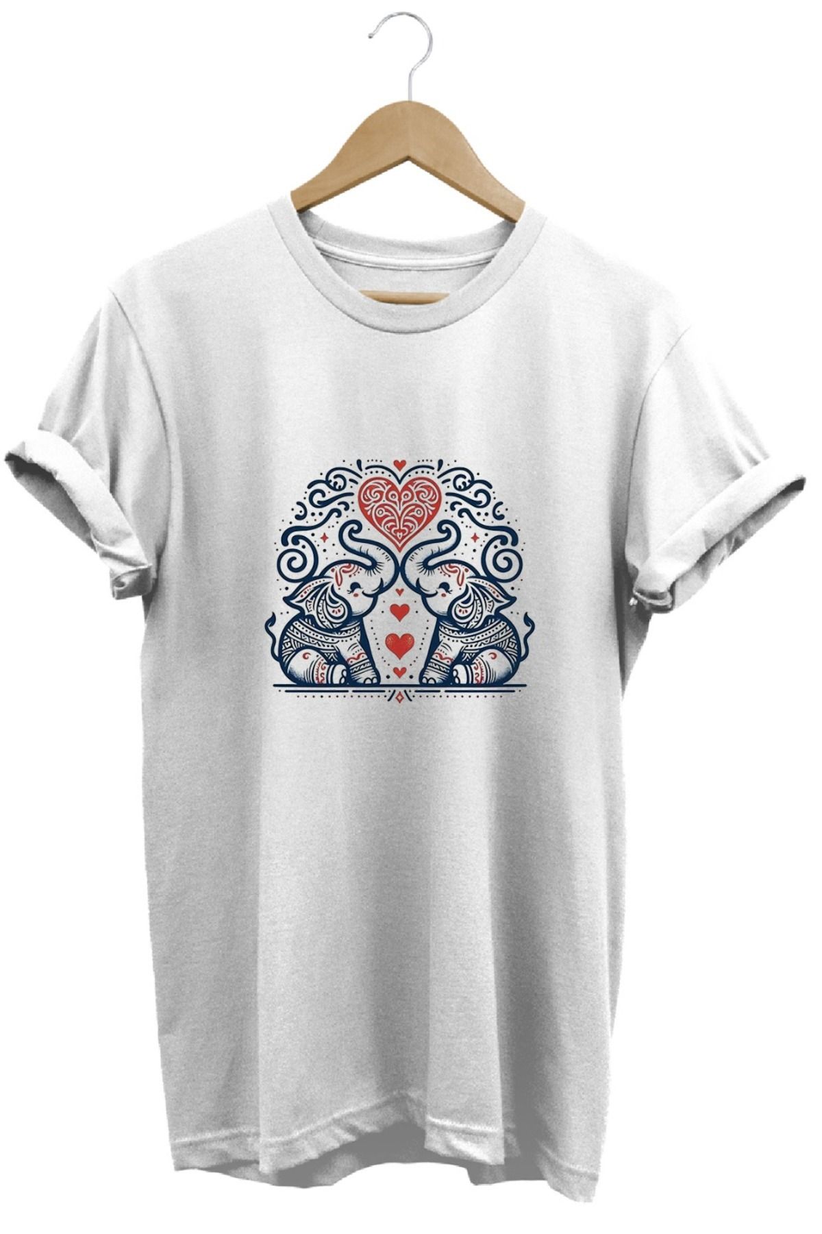 joyyfashion Etnik Desen Fil Kalp Baskılı T-Shirt