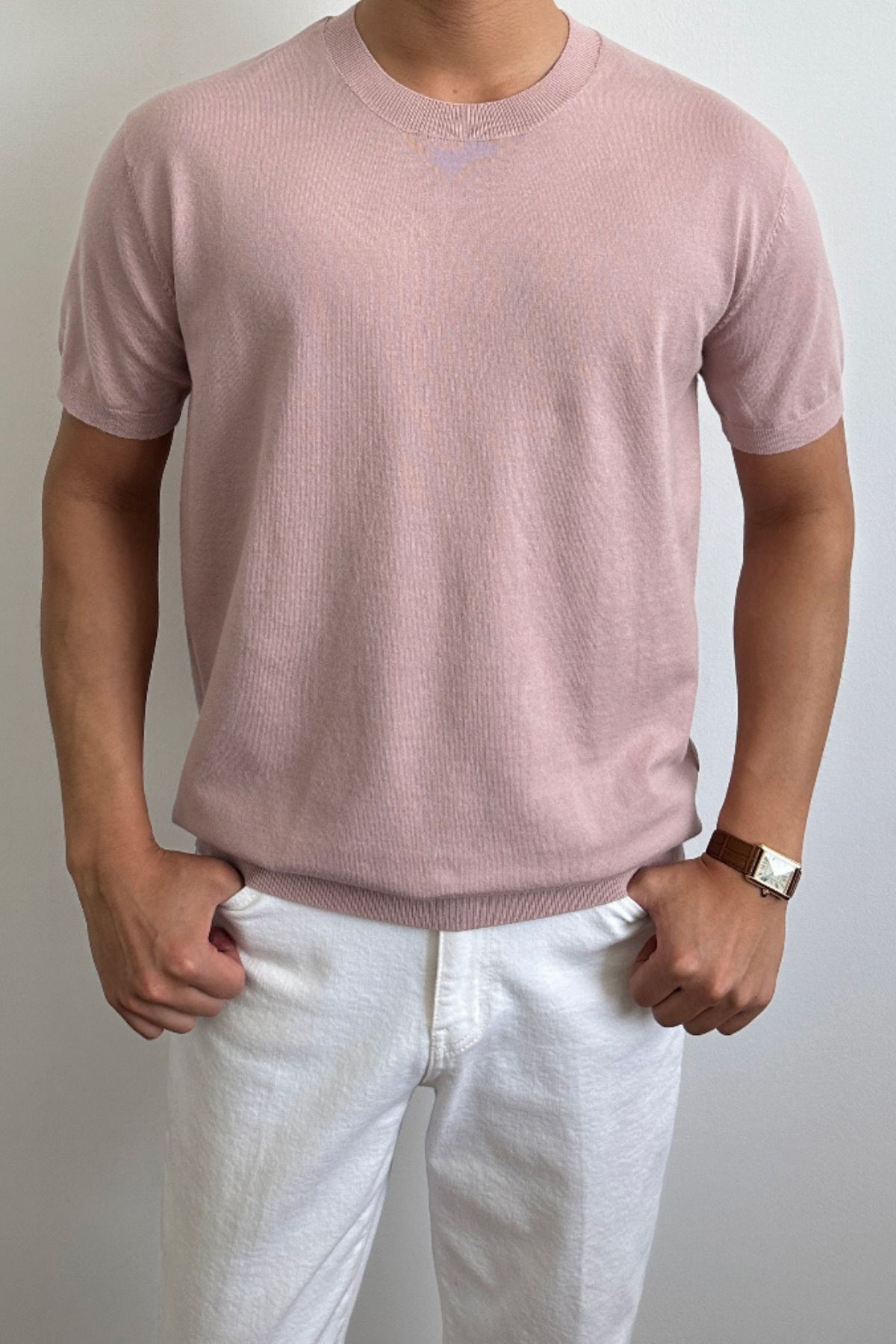 Tarz Cool Erkek Pembe Slim Fit Bisiklet Yaka Triko T-Shirt