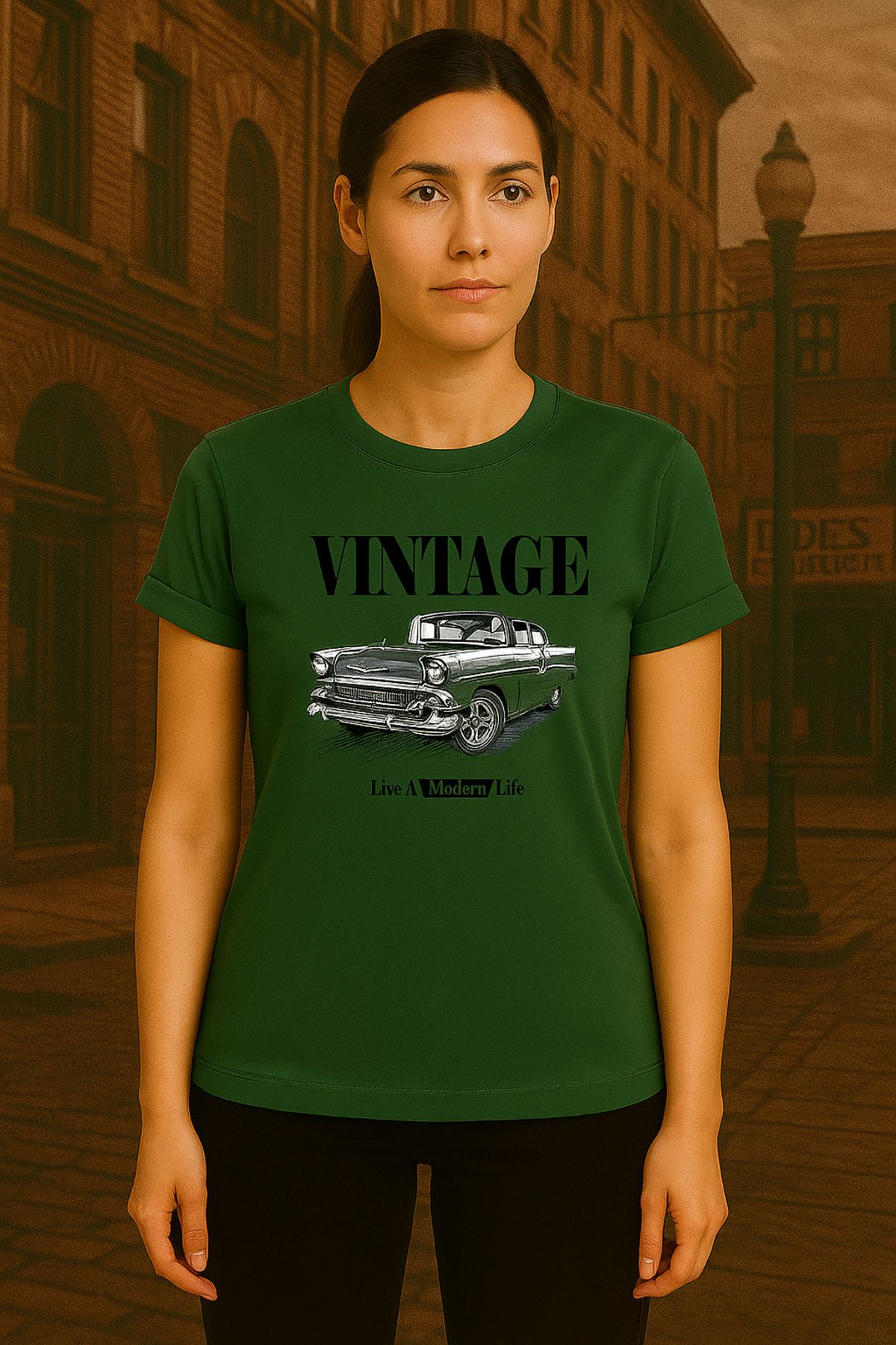 vikitekno vintage baskılı bisiklet yaka kolları katlamalı dar kesim kemer üstü Kadın Tişört