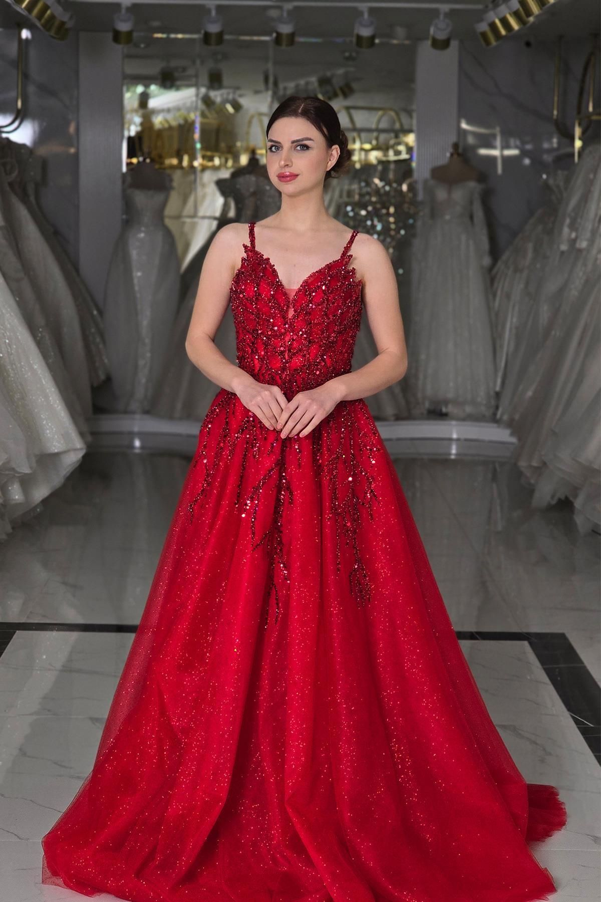Yonca Moda Evi Kırmızı Özel Tasarım Abiye 7906