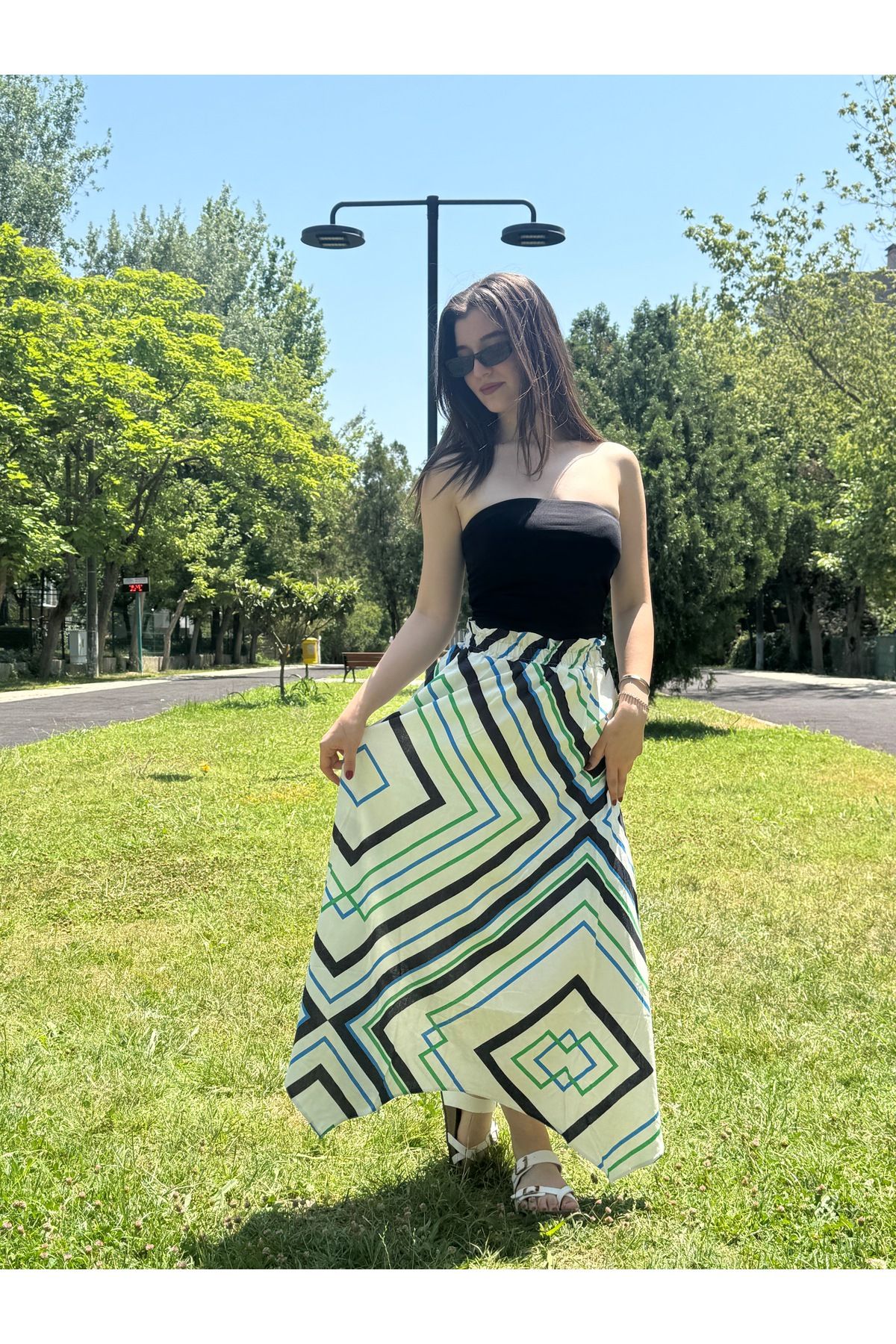 sielta Kadın Beli Lastikli Asimetrik Kesim Desenli Uzun Etek
