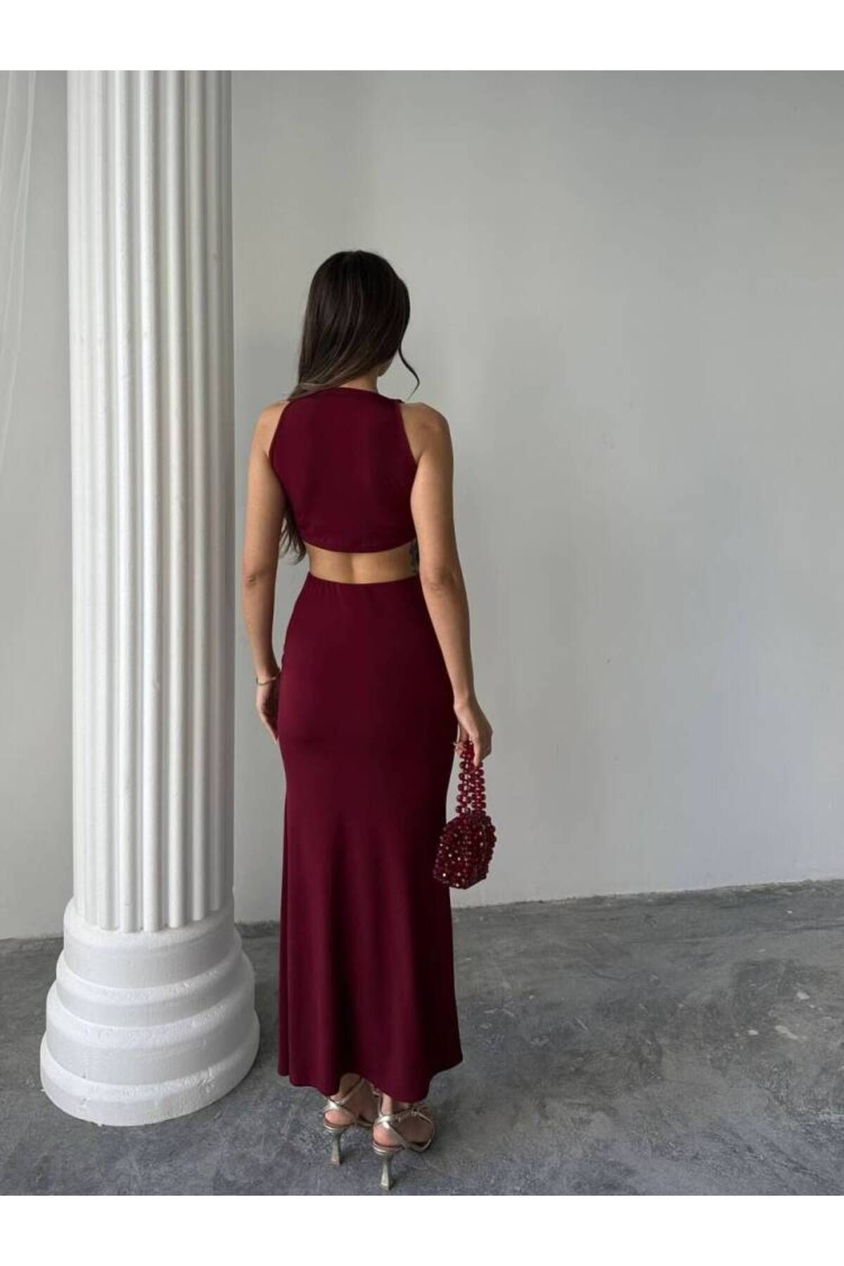 MAXMOOR PLUS MAXİ ETEK DRAPELİ LİKRALI HALTER BLUZ BORDO TAKIM