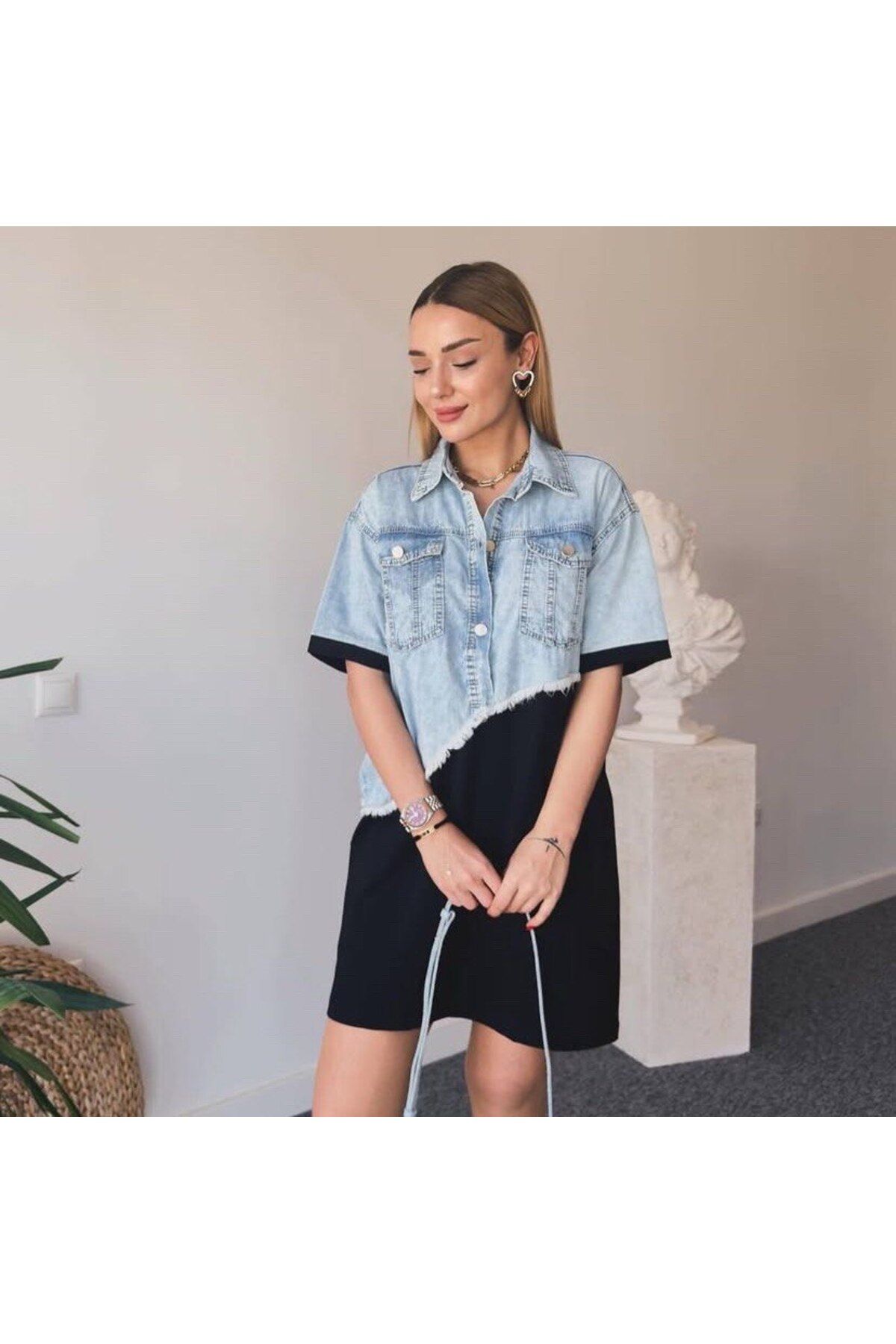 GÜLDEN KATRAN Kadın Asimetrik Denim Detaylı Elbise