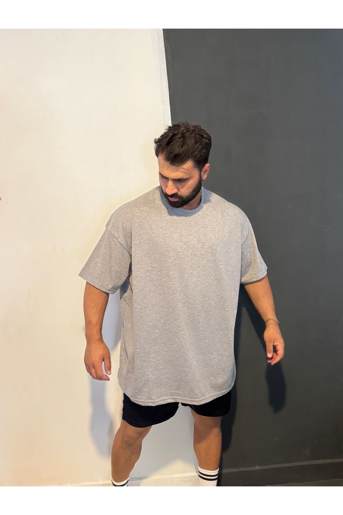 Bas Body FitnessWear Büyük Battal Beden Melanj Renk Düz Baskısız Bisiklet Yaka Penye
