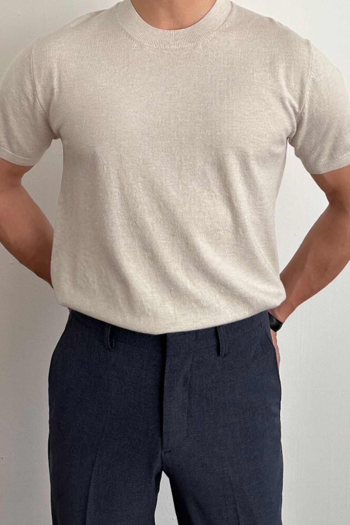 Tarz Cool Erkek Bej Slim Fit Bisiklet Yaka Triko T-Shirt