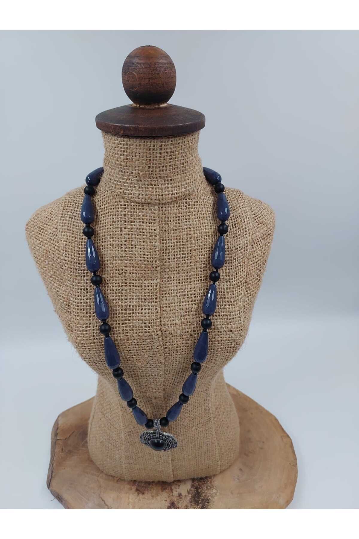 R G Handmade Design Gri Damla Kristal Oniks Taşlı El Yapımı Kolye