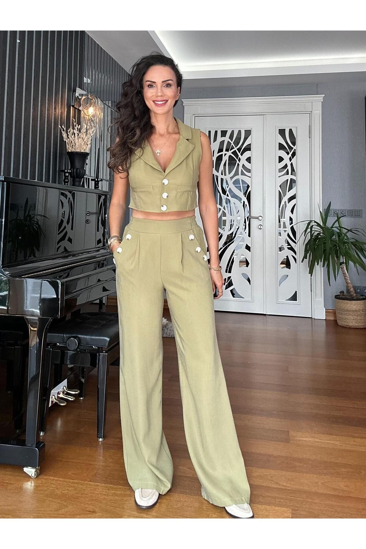 Atelier Derin Yeşil Crop Yelek Palazzo Pantolon Takım