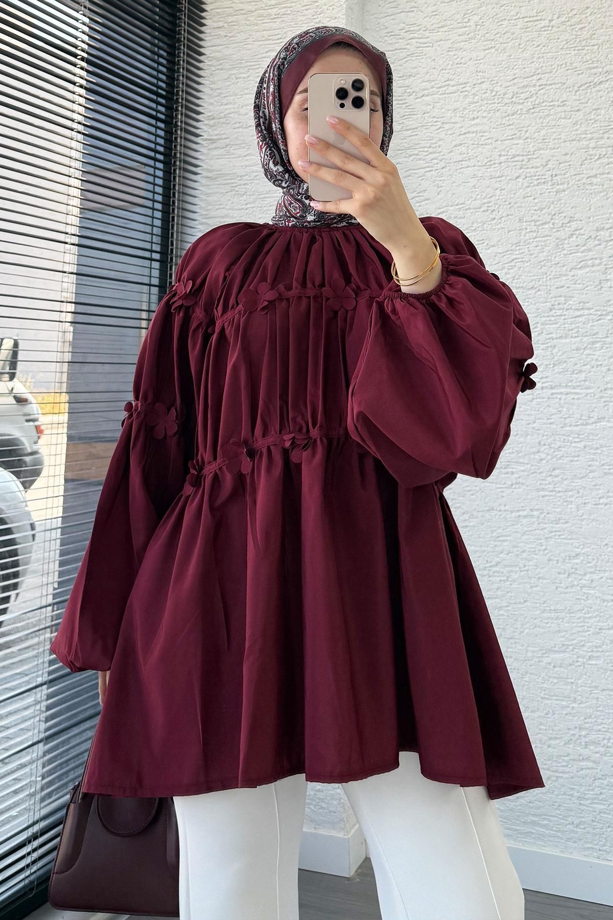 MELEK ARAZ Reglan Çiçek Detaylı Poplin Tunik – Bordo