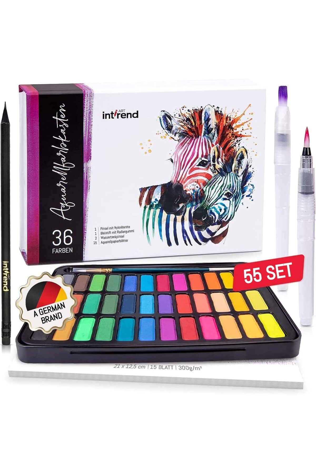 intrend Set Acuarele, 36 Acuarele, 1 Pensulă, 2 Pensule Pentru Rezervor De Apă, 15 Hârtie De Desen - One Size