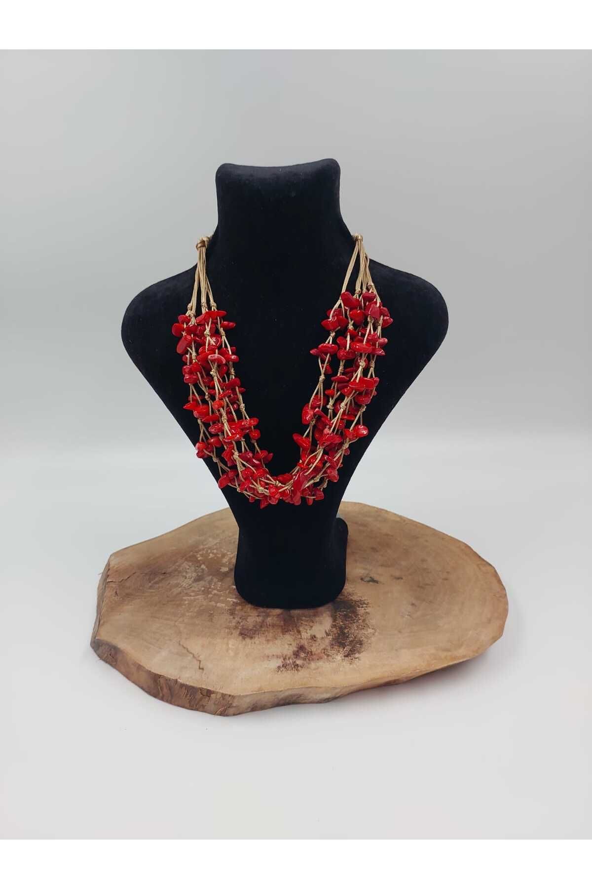 R G Handmade Design El Yapımı Doğal Kırmızı Mercan Çok Sıralı Kolye