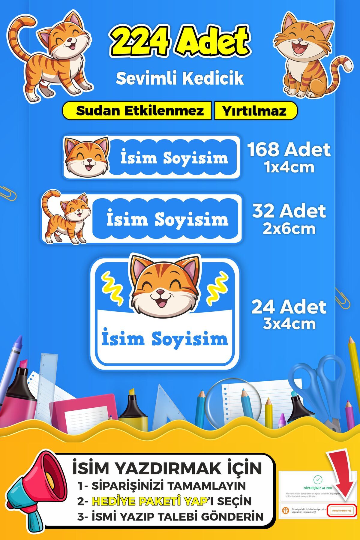 SB store Sevimli Kedi Temalı Okul Kreş Kişiye Özel isim Etiket Seti - Model 349
