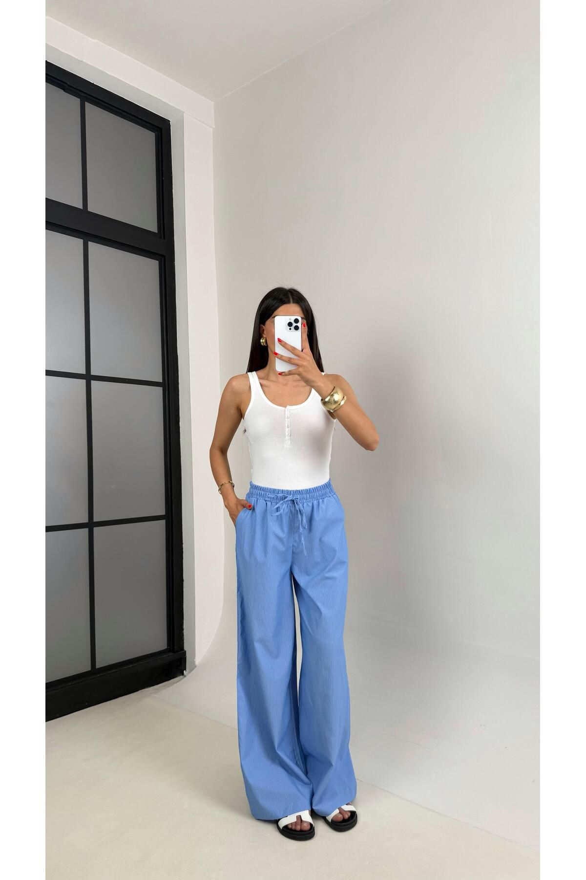 Gaus Mavi Beli Lastikli Çizgili Paraşüt Kumaş Pantolon Gaus00499