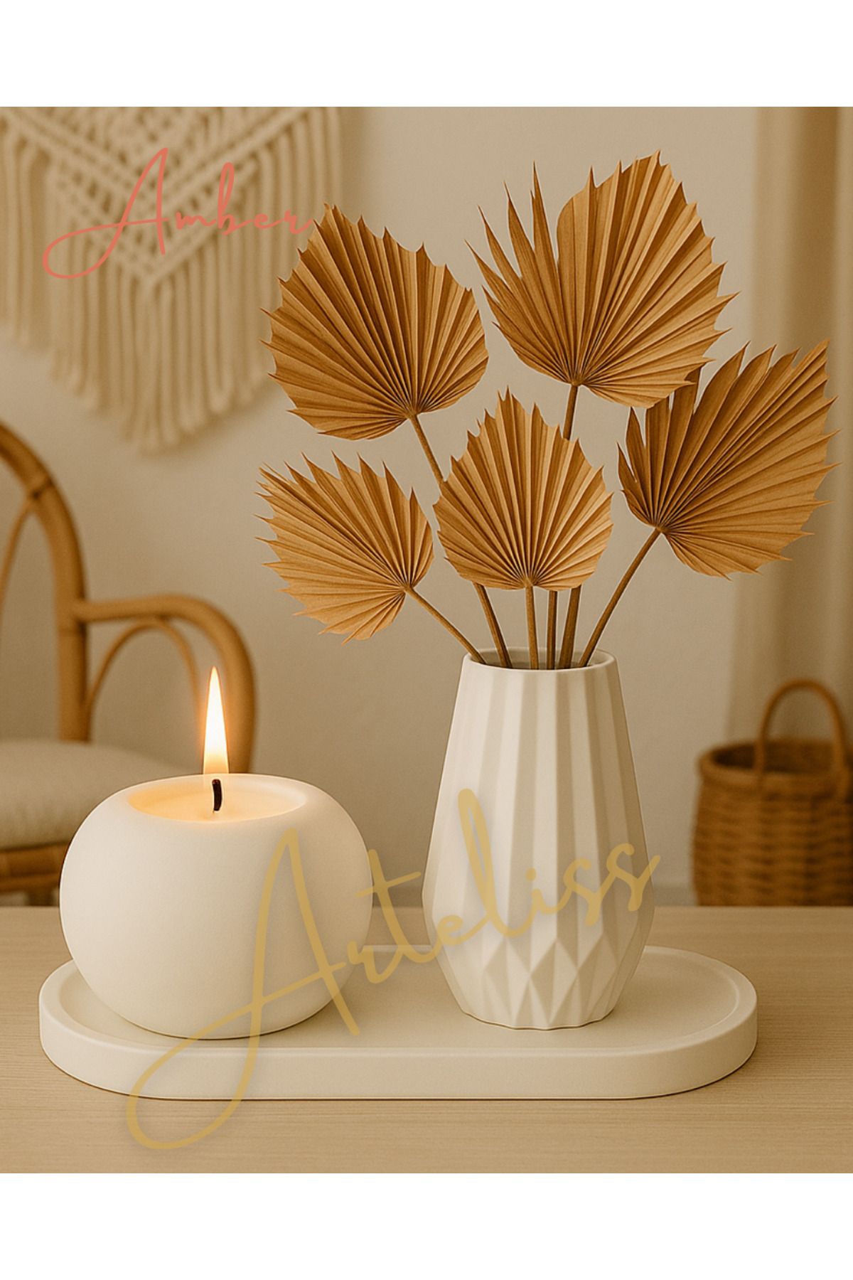 Arteliss Amber Kokulu Mum & Vazo Seti | Dekoratif Tepsili | Minimal Iskandinav Dekor