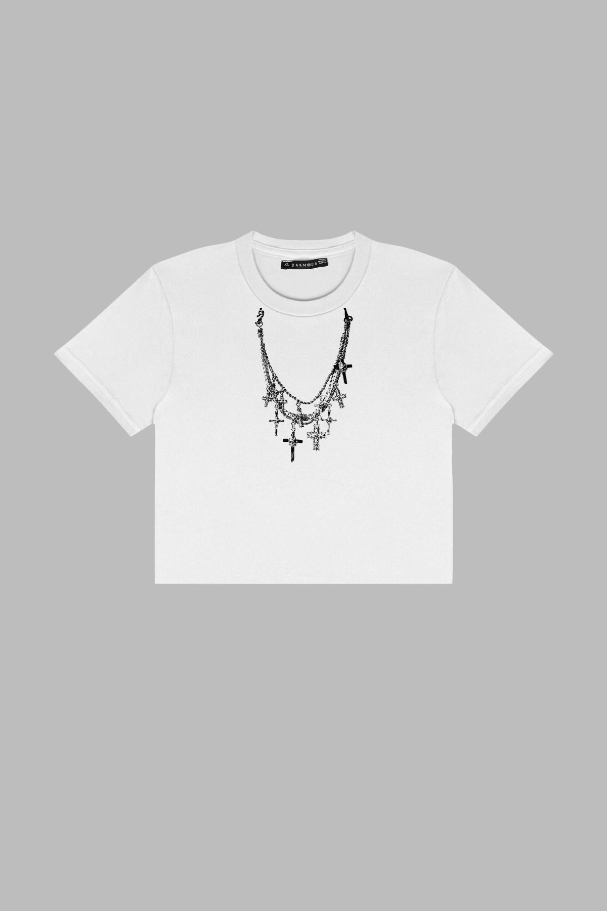 Bak Moda Cross Necklace Baskılı Beyaz Crop Top