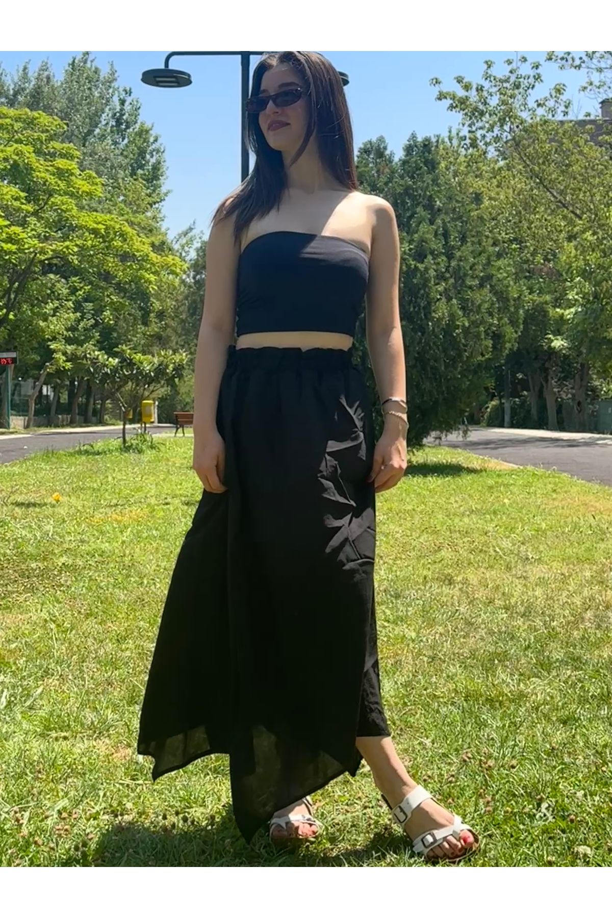 sielta Kadın Beli Lastikli Asimetrik Kesim Siyah Uzun Etek