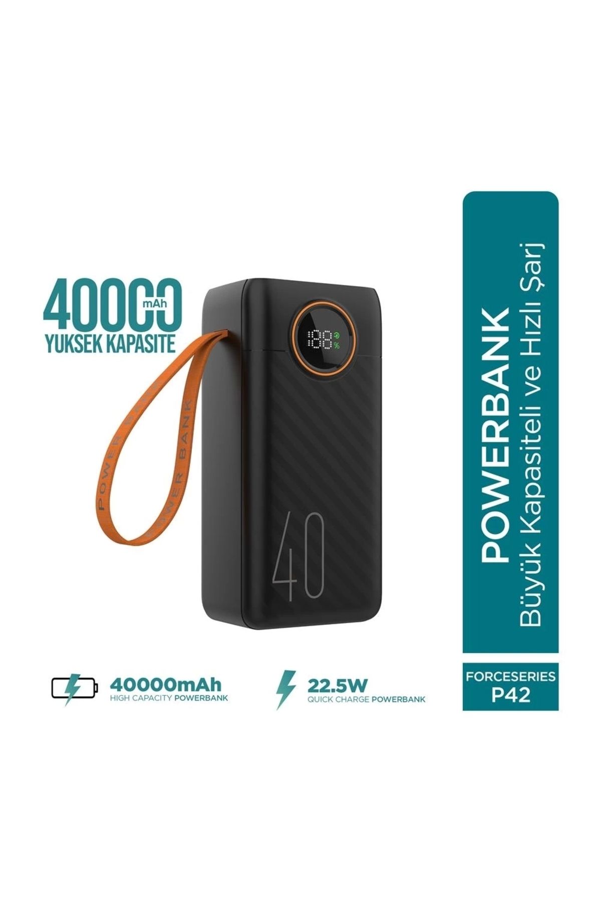 GLIMMERY Force P42 40000mah 22.5w Hızlı Şarj Cihazı - Dahili Kablolu - Fast Powerbank - Dijital Ekran - Taş