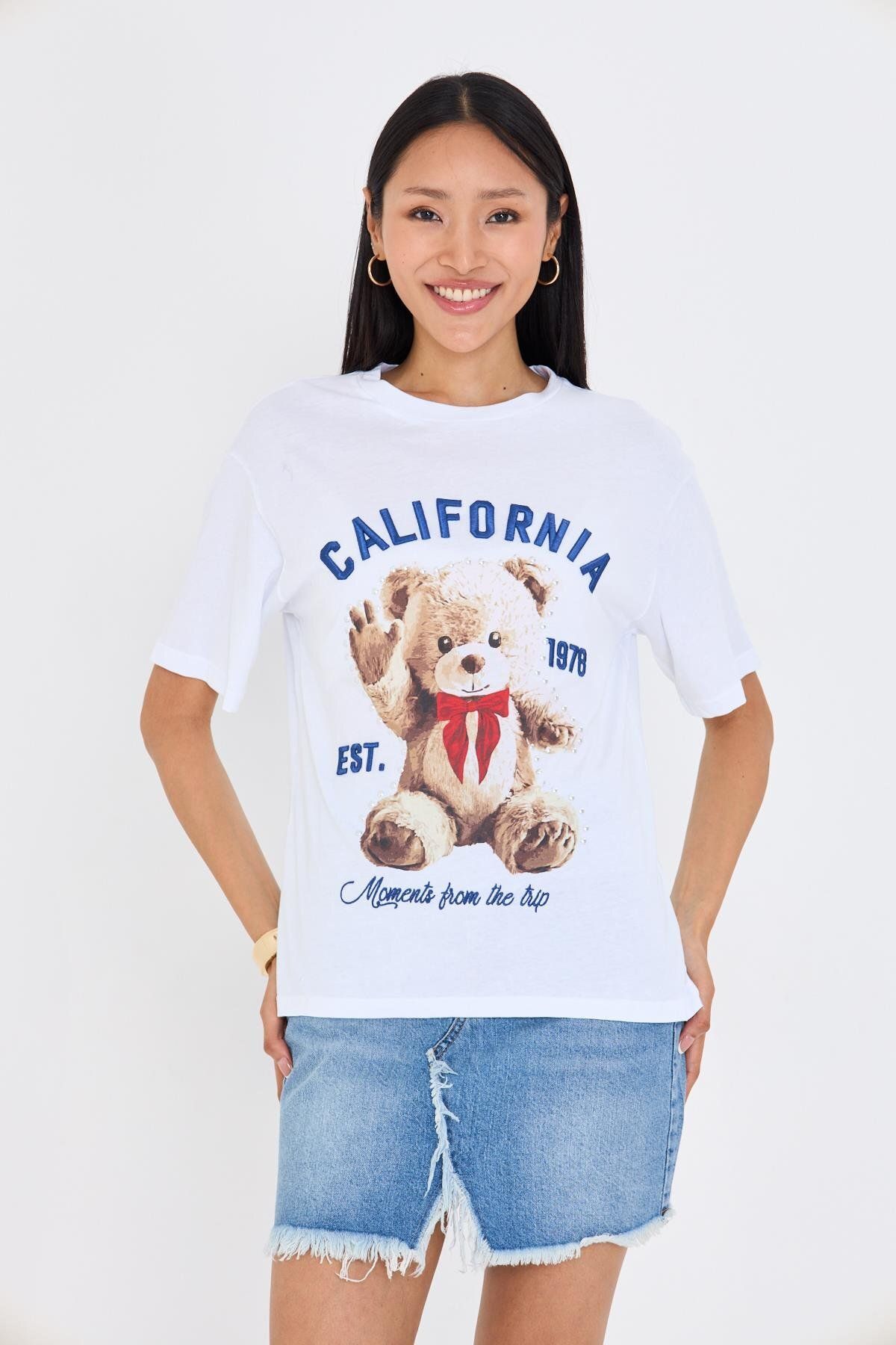 TIFFANY&TOMATO California Nakışlı Tedy Taşlı T-shirt - Siyah