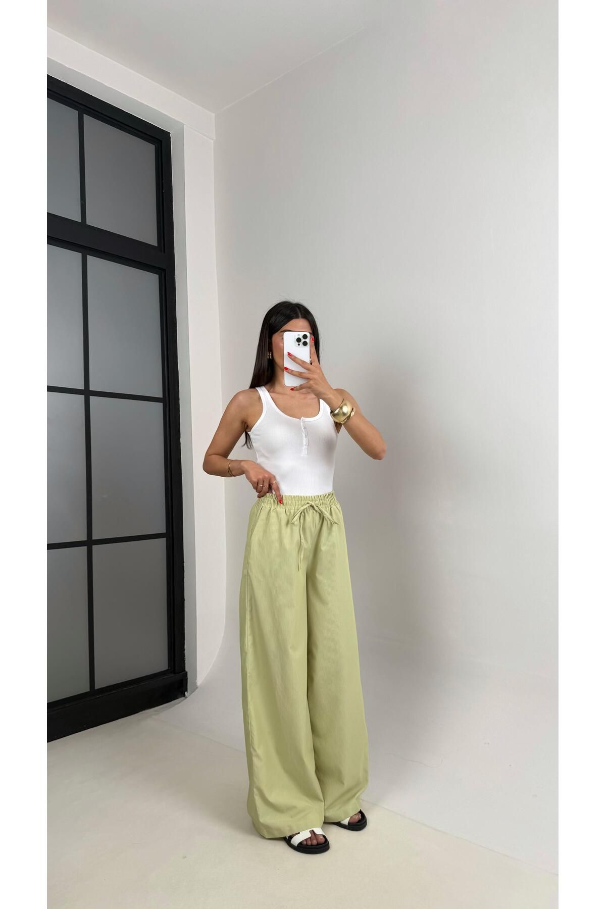 Gaus Yeşil Beli Lastikli Çizgili Paraşüt Kumaş Pantolon Gaus00499
