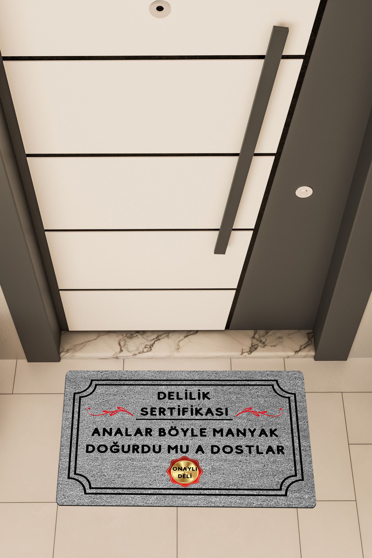 Dormot Home Yüksek Kaliteli Dijital Baskı Gri, Delilik Sertifikası,Manyak, temalı Kapı Önü Paspası