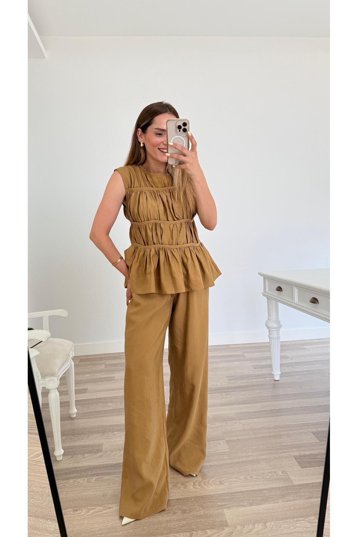pelin yıldız butik Krista Nervürlü Bluz Pantolon Takım