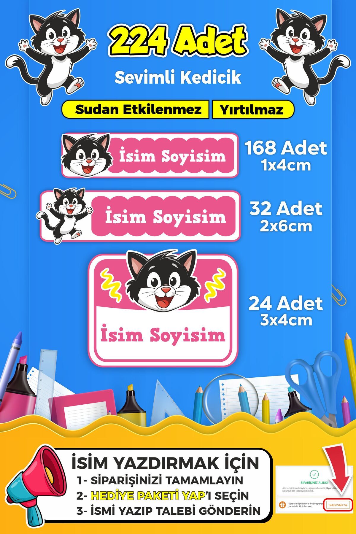 SB store Sevimli Kedi Temalı Okul Kreş Kişiye Özel isim Etiket Seti - Model 350