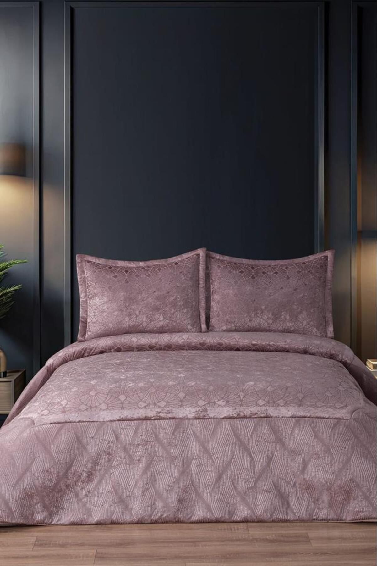 Çeyiz Diyarı Freya Elyaf Dolgulu Çift Kişilik 250x255 Cm Yatak Örtüsü Gül Kurusu