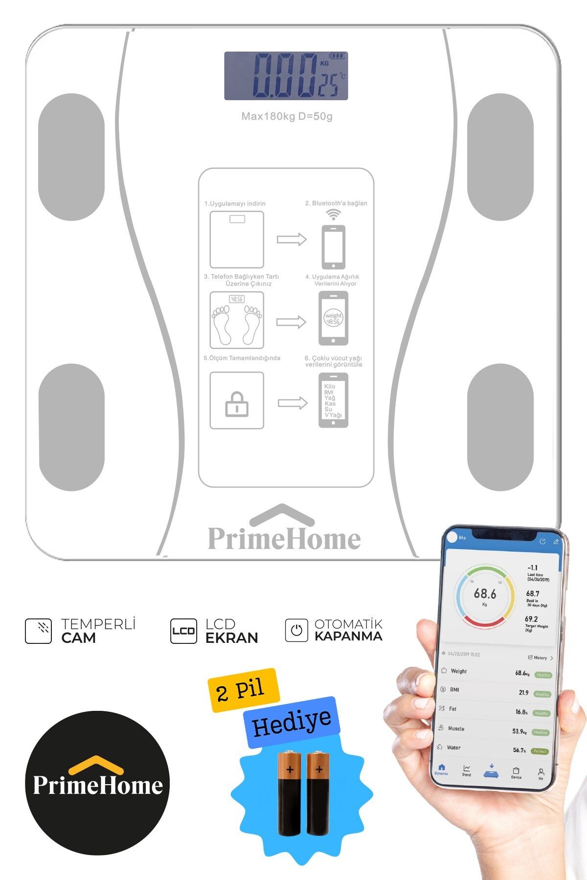 PRİME HOME Dijital Baskül Yağ Su Kas Vücut Kitle Endeksi Kilo Ölçer Tartı Bluetooth Beyaz
