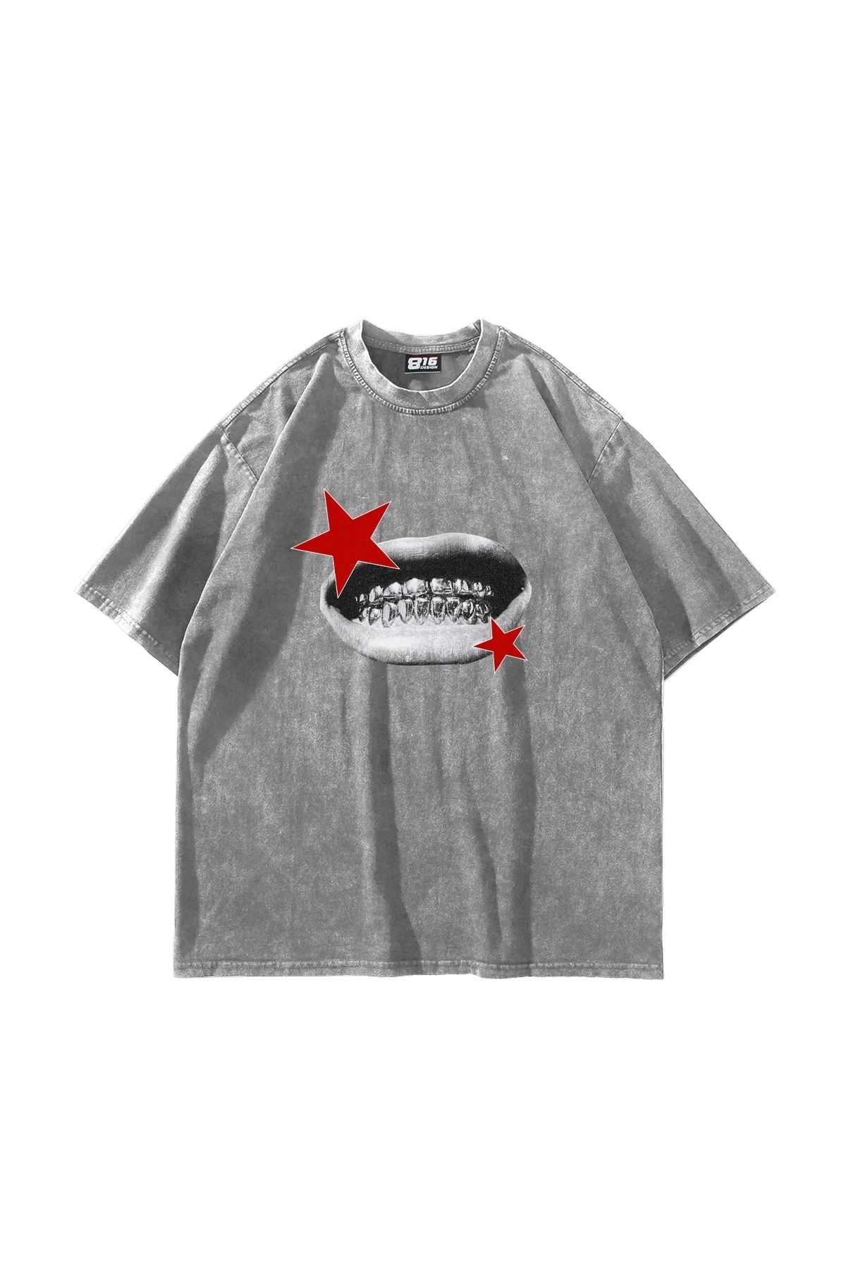 Sekizbiraltı Teeth Star Baskılı Oversize Unisex Yıkamalı Beyaz Tshirt
