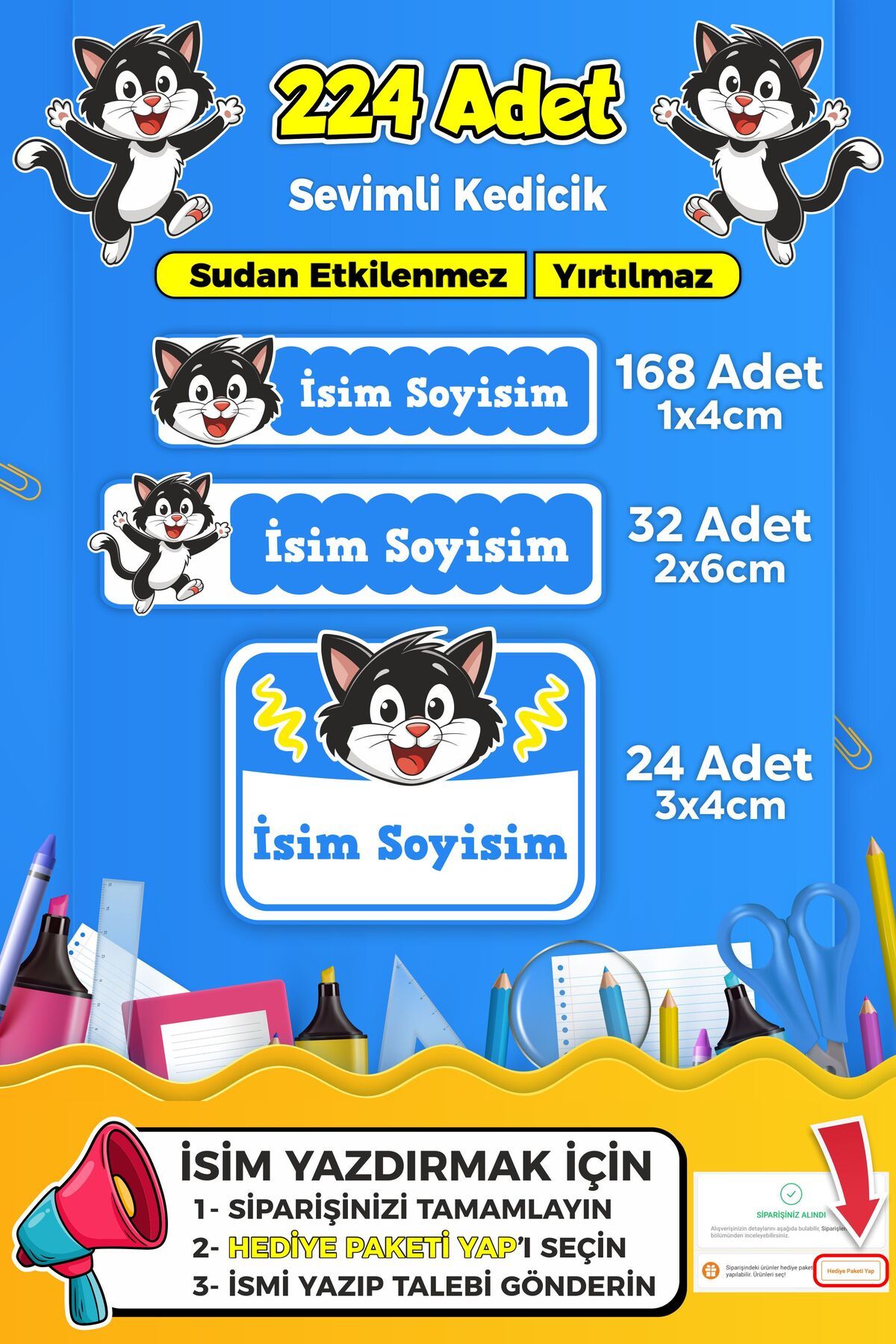 SB store Sevimli Kedi Temalı Okul Kreş Kişiye Özel isim Etiket Seti - Model 351