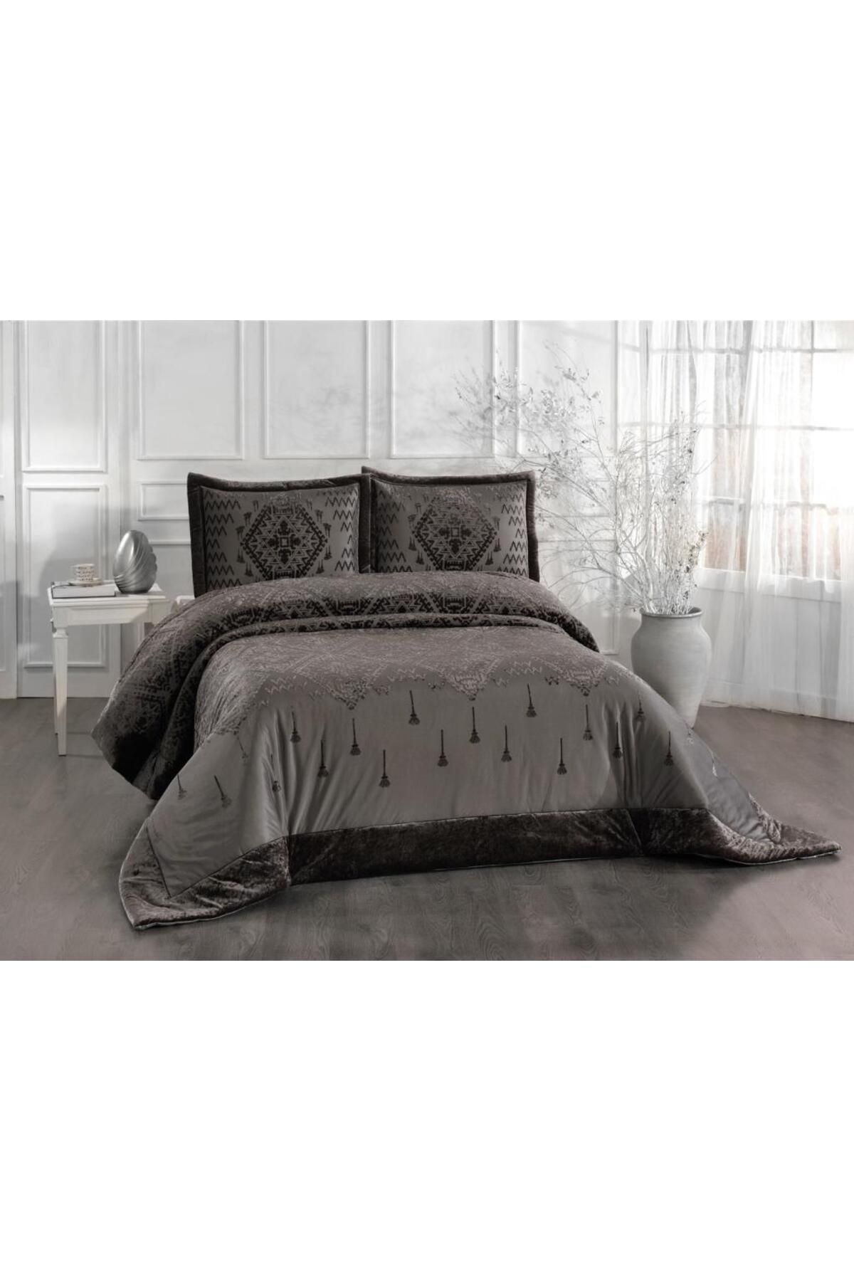 Çeyiz Diyarı Mercan Elyaf Dolgulu Çift Kişilik 250x255 Cm Yatak Örtüsü Antrasit