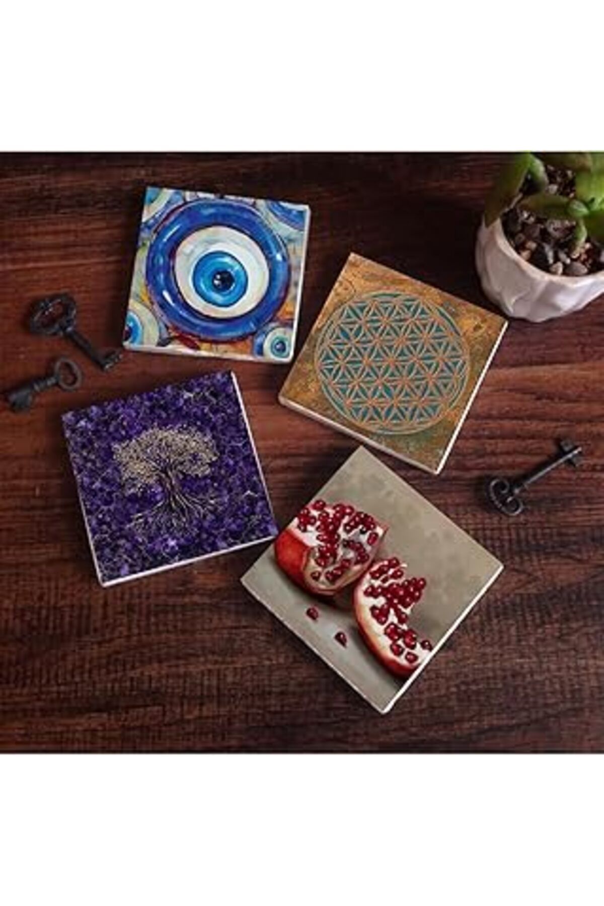 Pİ GLOBAL Pinecone Nazar, Yaşam Çiçeği, Hayat Ağacı, Nar Taş Bardak Altlığı Seti - 4 Parça - Dekoratif, Rusti
