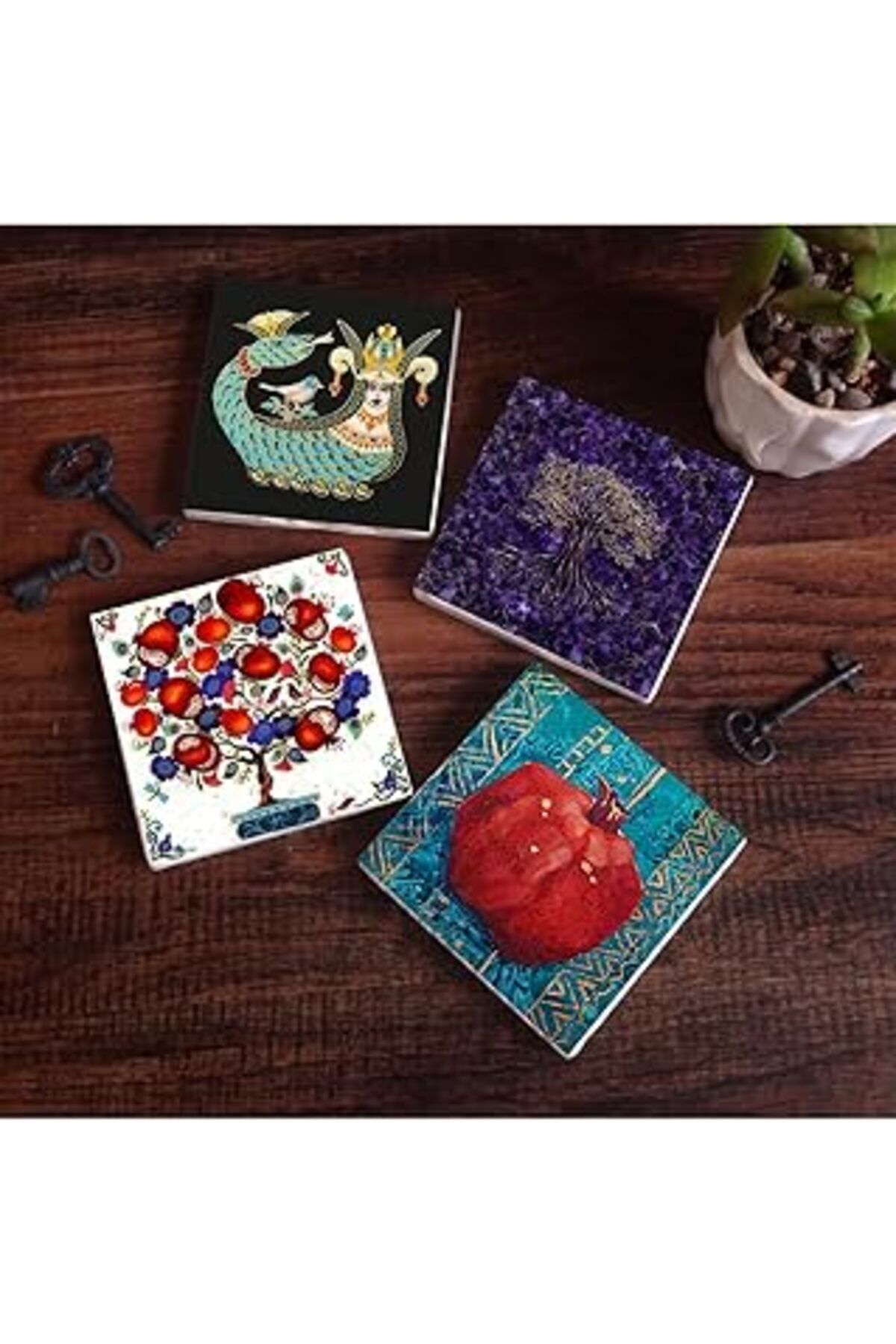 TBSProjects Pinecone Hayat Ağacı, Şahmeran, Nar Ağacı, Nar Taş Bardak Altlığı Seti - 4 Parça - Dekoratif, Rusti
