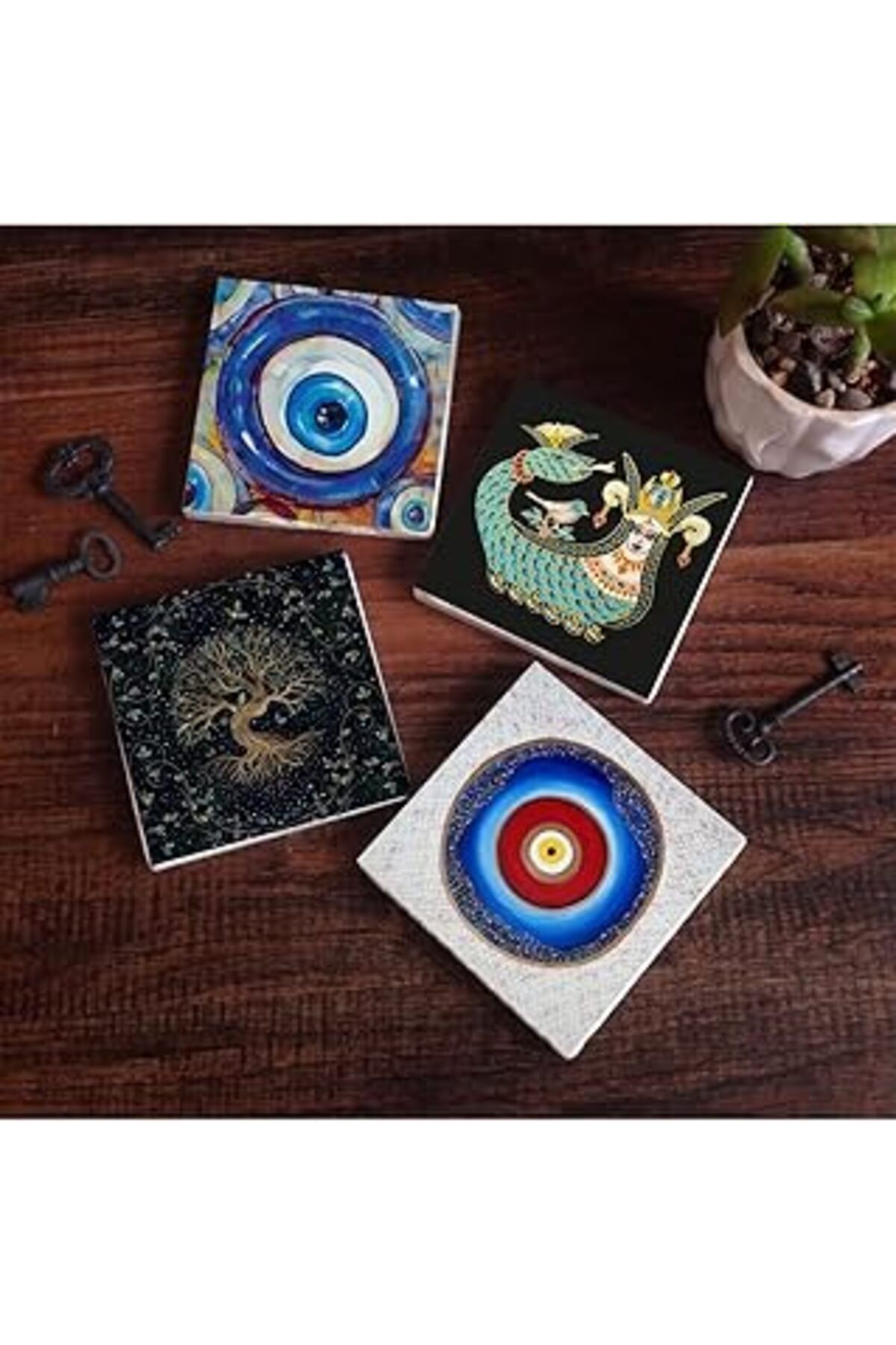 Pİ GLOBAL Pinecone Nazar, Hayat Ağacı, Şahmeran Taş Bardak Altlığı Seti - 4 Parça - Dekoratif, Rustik Mutfak