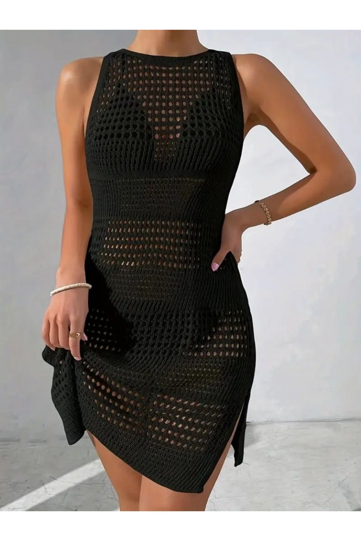 velmorafashion Kadın Askılı Derin Sırt Dekolteli Ajurlu Triko Pareo