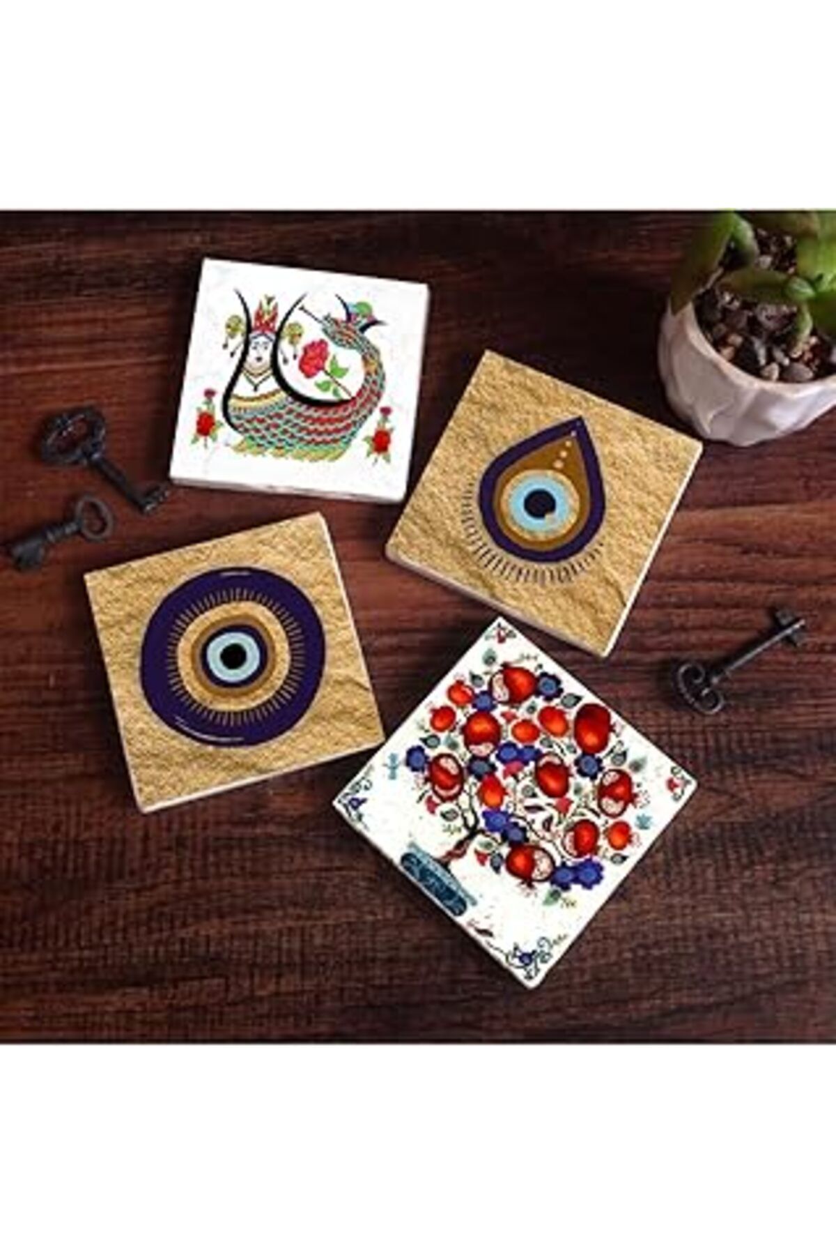 Pİ GLOBAL Pinecone Nazar, Şahmeran, Nar Ağacı Taş Bardak Altlığı Seti - 4 Parça - Dekoratif, Rustik Mutfak Ak