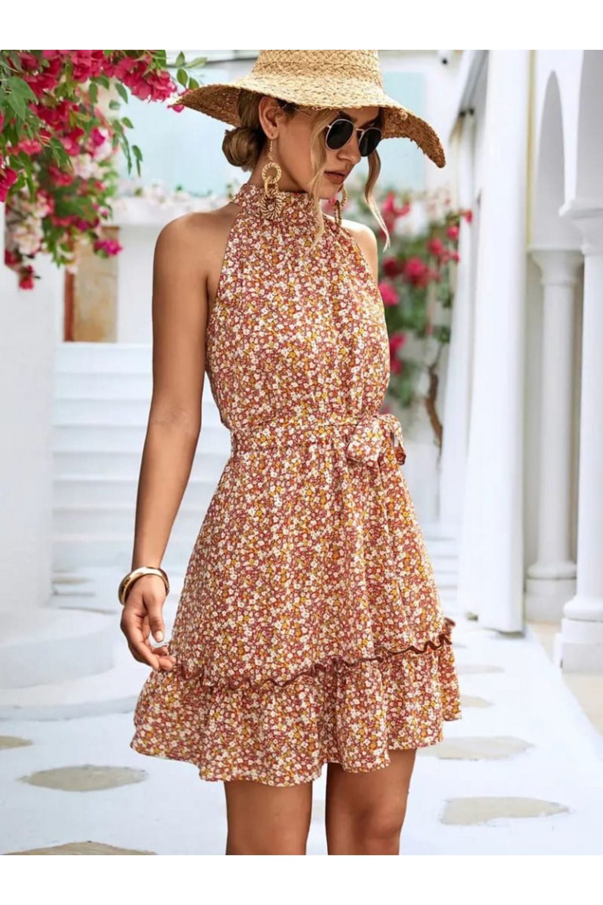 velmorafashion Kadın Eteği Volanlı Halter Yaka Süprem Elbise