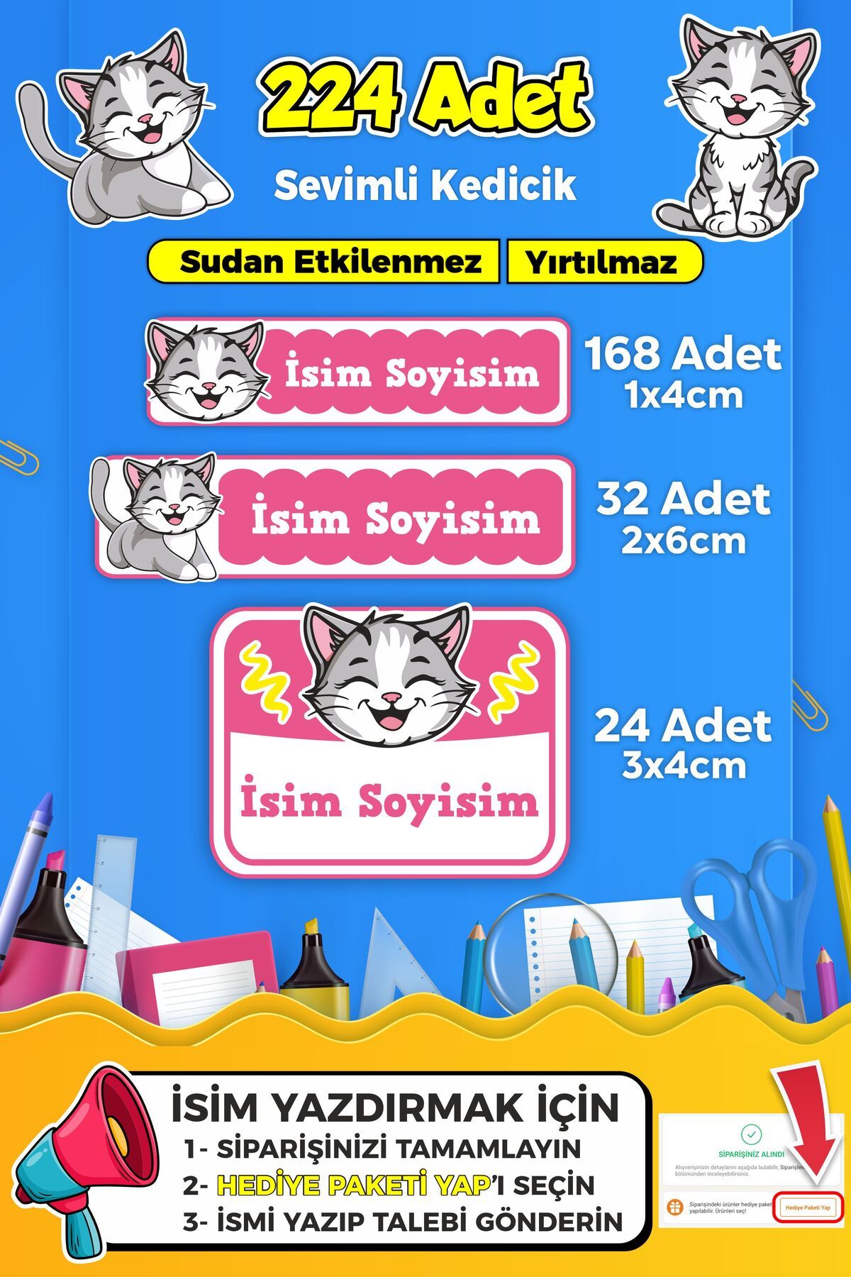 SB store Sevimli Kedi Temalı Okul Kreş Kişiye Özel isim Etiket Seti - Model 379