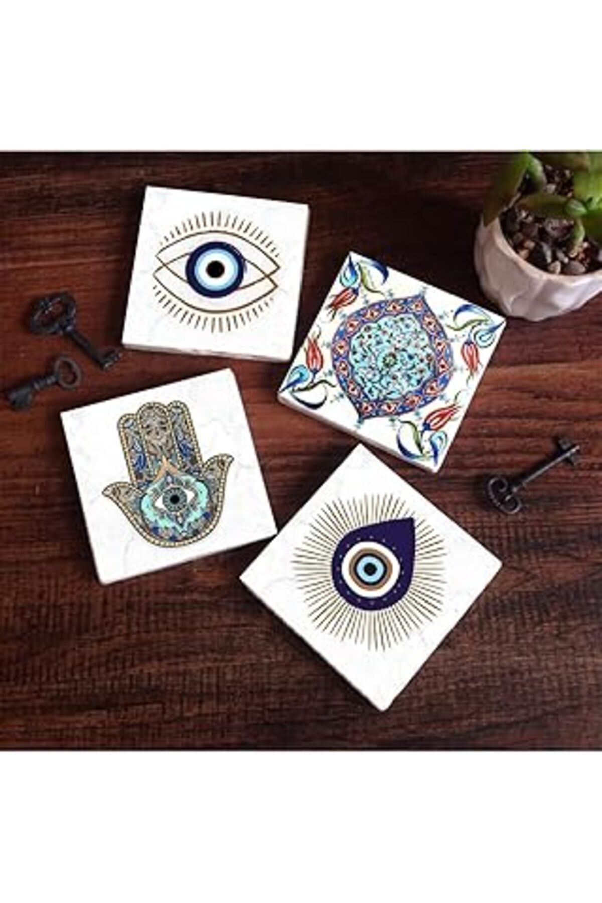 Pİ GLOBAL Pinecone Nazar, Çini Sanatı, Fatma Ana Eli (Hamsa) Taş Bardak Altlığı Seti - 4 Parça - Dekoratif, R