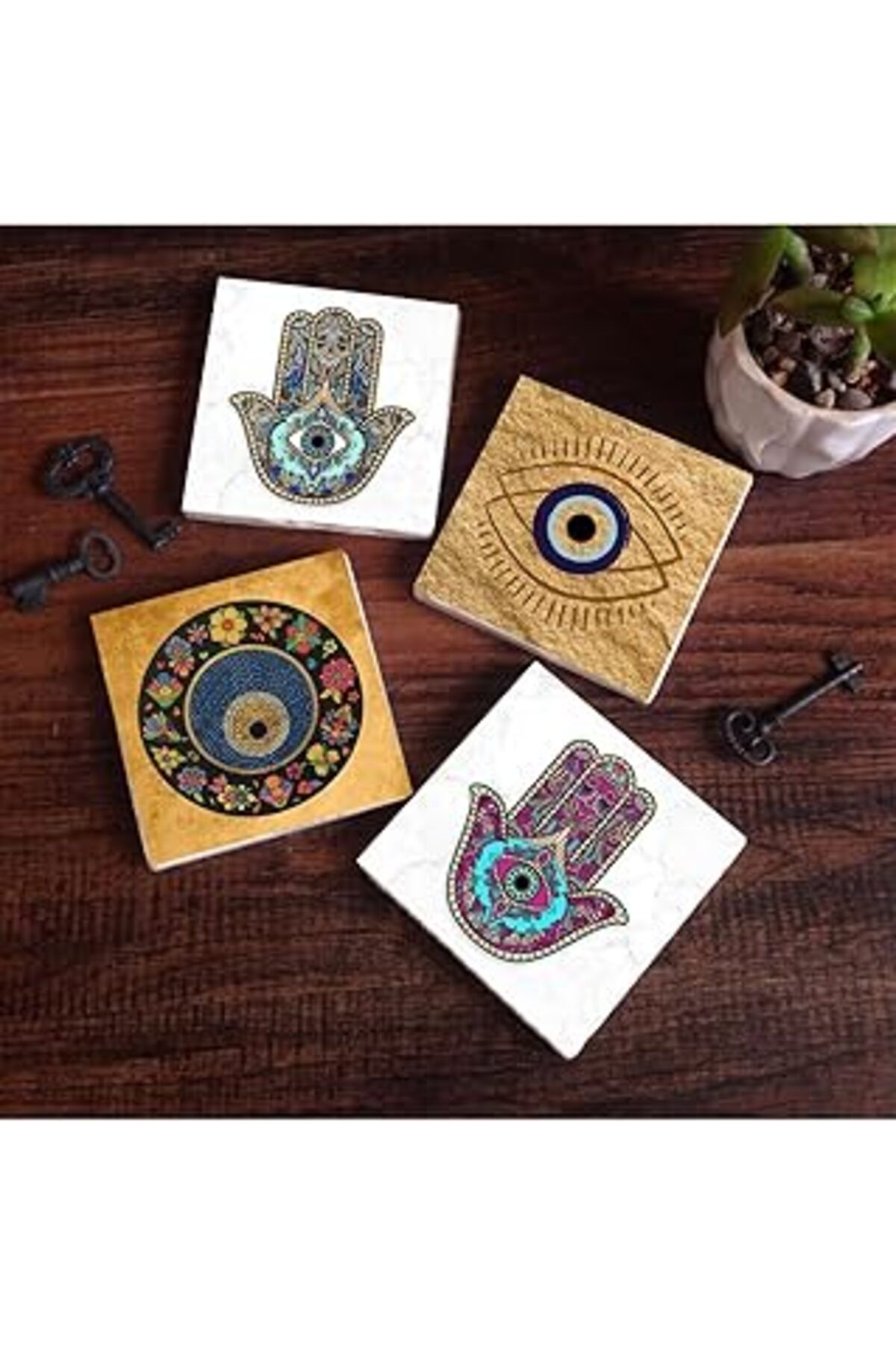 TBSProjects Pinecone Nazar, Fatma Ana Eli (Hamsa) Taş Bardak Altlığı Seti - 4 Parça - Dekoratif, Rustik Mutfak