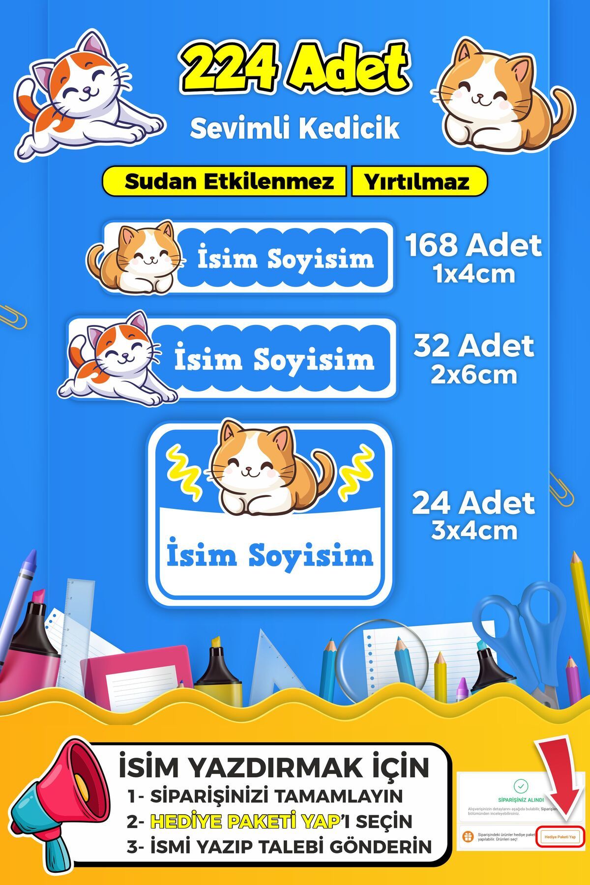 SB store Sevimli Kedi Temalı Okul Kreş Kişiye Özel isim Etiket Seti - Model 372
