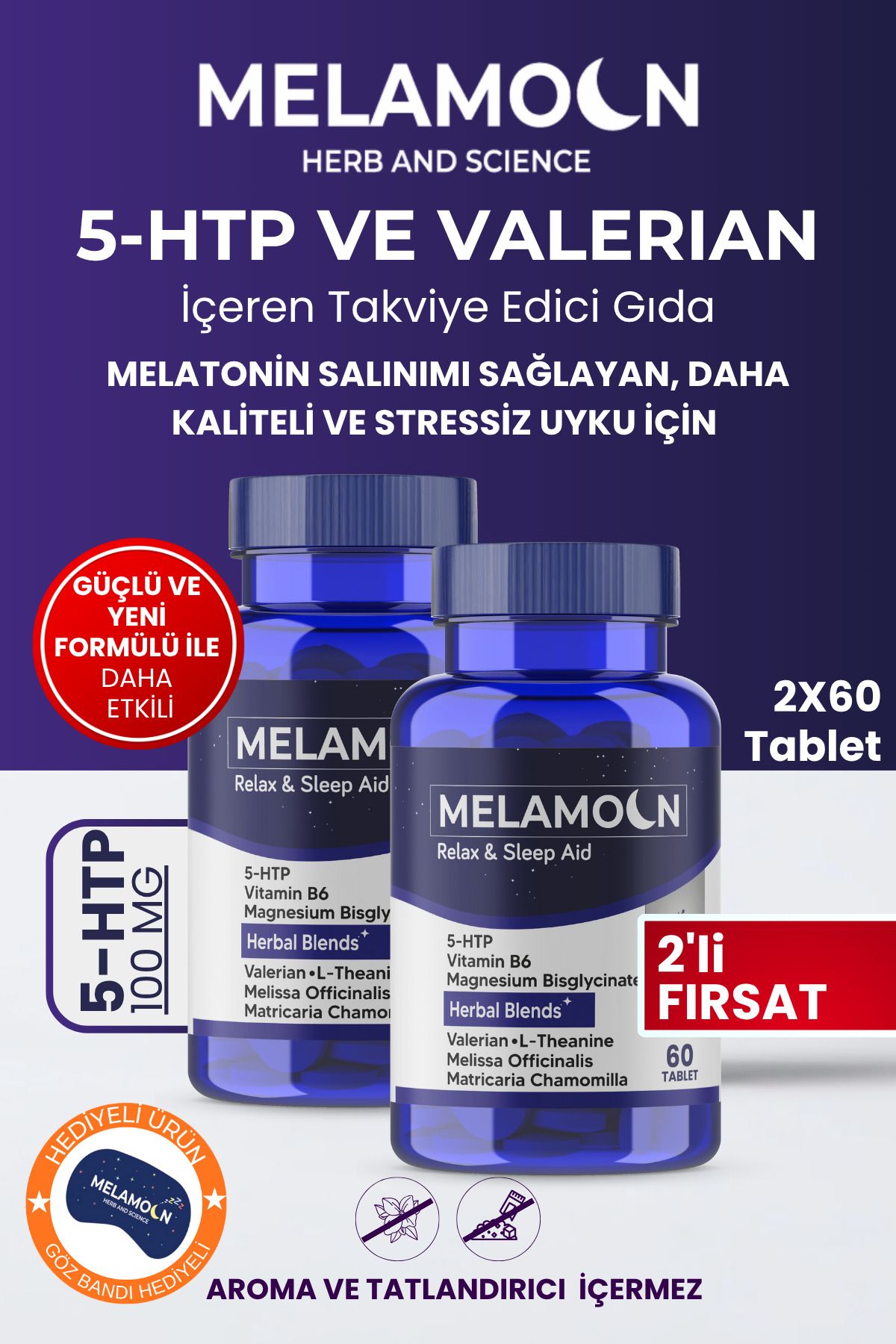 Melamoon Melatonin Salınımı Sağlayan, Daha Kaliteli, Stressiz Uyku,H-HTP, Takviye Edici Gıda (2x60Tablet)