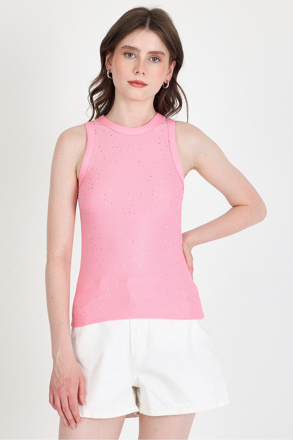 Rays-Pink Stone Processing Detailed Halter Neck Knitted Tank Top 0349 6