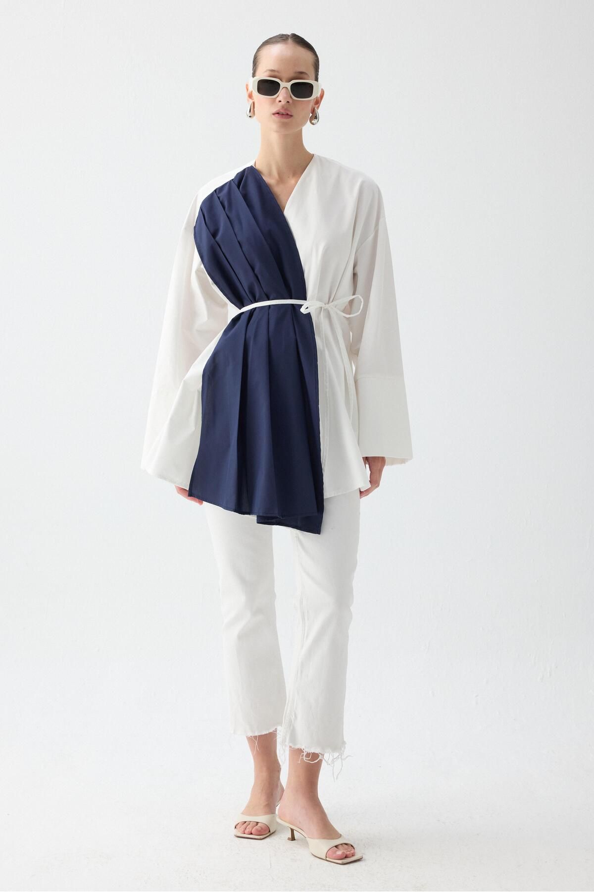 QALVE Tasarım Detaylı Kimono Gömlek Lacivert