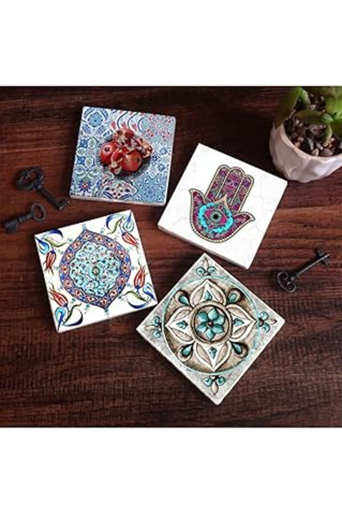 TBSProjects Pinecone Fatma Ana Eli (Hamsa), Çini Sanatı, Nar Taş Bardak Altlığı Seti - 4 Parça - Dekoratif, Rus