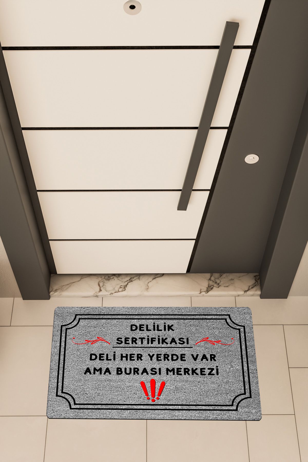 Dormot Home Yüksek Kaliteli Dijital Baskı Gri, Delilik Sertifikası Merkez, temalı Kapı Önü Paspası